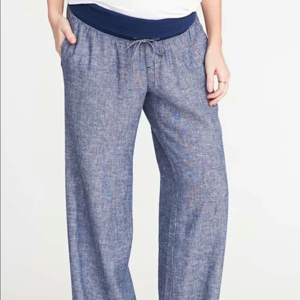 Foldover Waist Blue Linen Maternity Pants